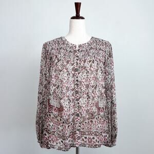 Velvet By Graham & Spencer Shirred Bohemian Autumn Floral Long Sleeve Blouse NWT